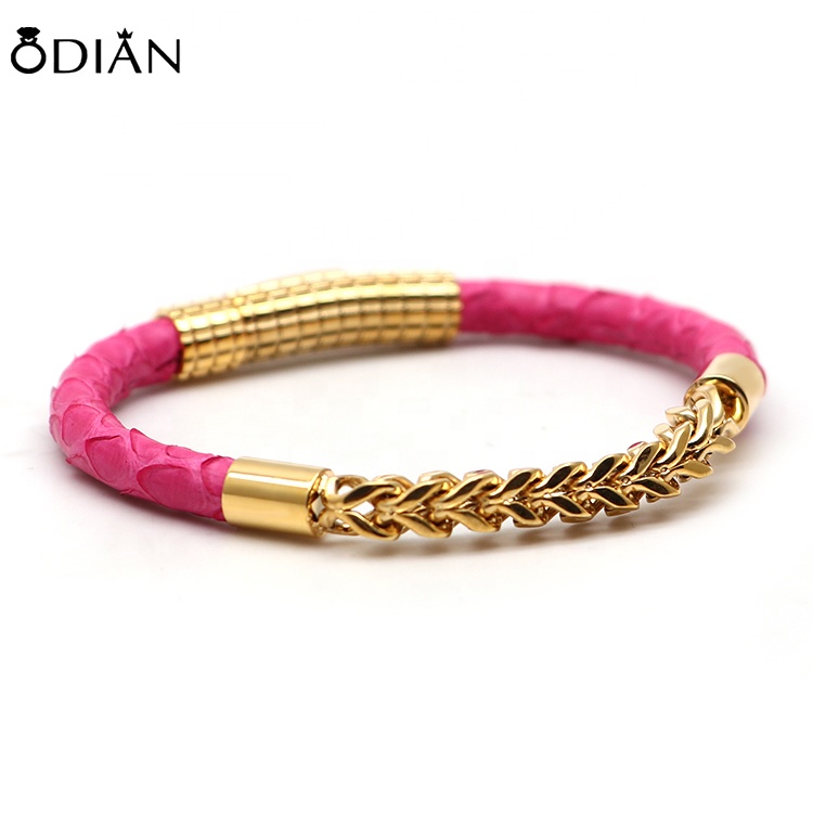 Odian Jewelry Genuine Stingray Python leather with Stainless steel Chain bracelet for couple man and women lady