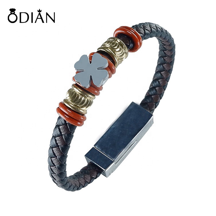 Multifunctional Fast Charging Cable Bracelet Stainless Steel Metal with Genuine Leather Charging USB Bracelet