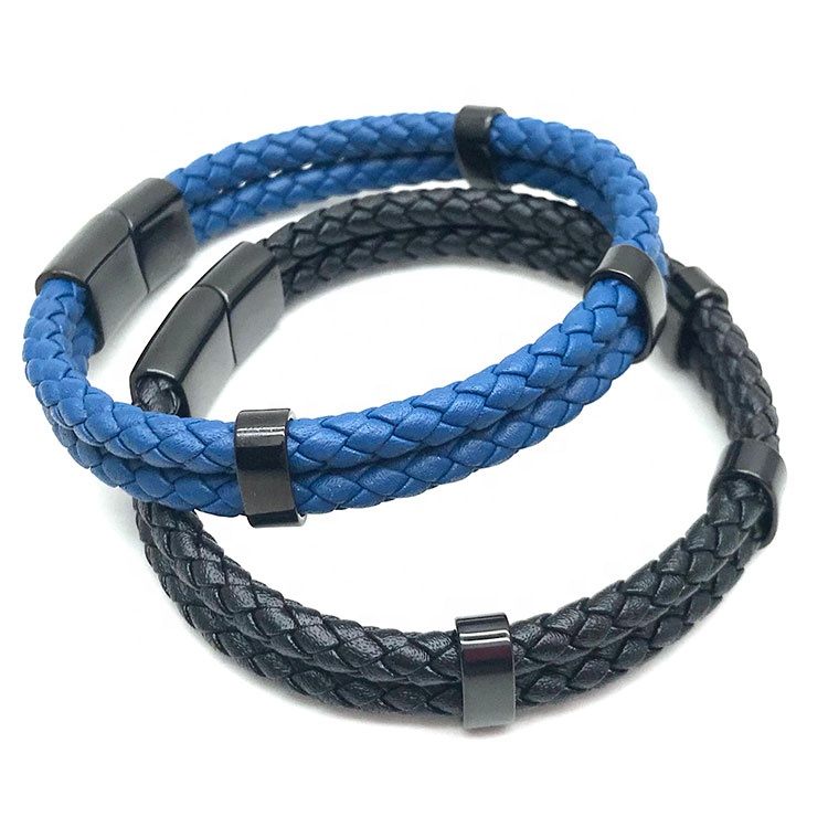 Fashion Mens Stainless Steel Beads Magnetic Double Strands Braided Genuine Leather Clasp Bracelet