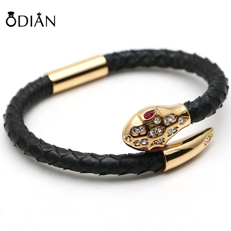 Handmade custom logo mens bracelet genuine stingray leather bangle stainless steel snake bracelet