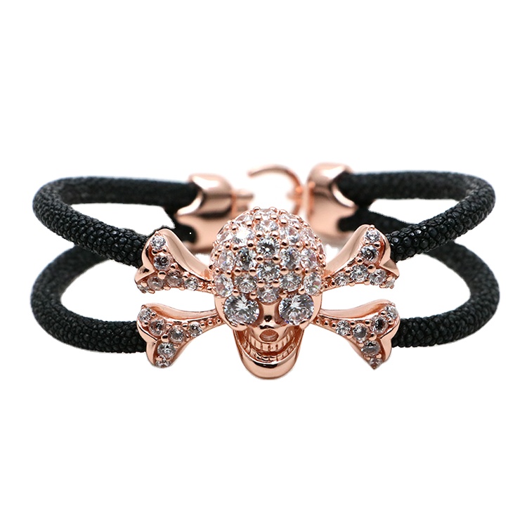 Sterling silver S925 pure silverr skull crossbones covered precious stone two hand-wrapped stingray python bracelet jewellry