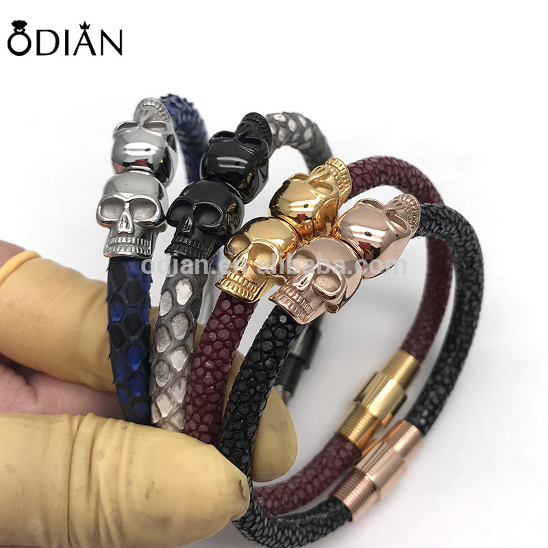 Odian Jewelry 100% genuine stingray and python leather twins north skull bracelets