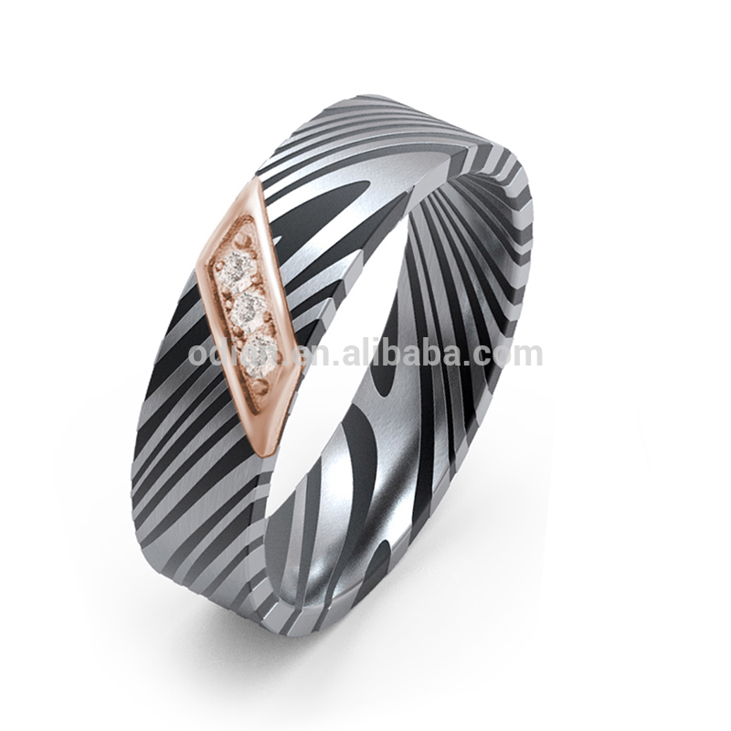 Damascus inlaid stone Rings plated rose gold inlaid zircon stone plated blue Damascus Steel Ring 8mm Jewelry