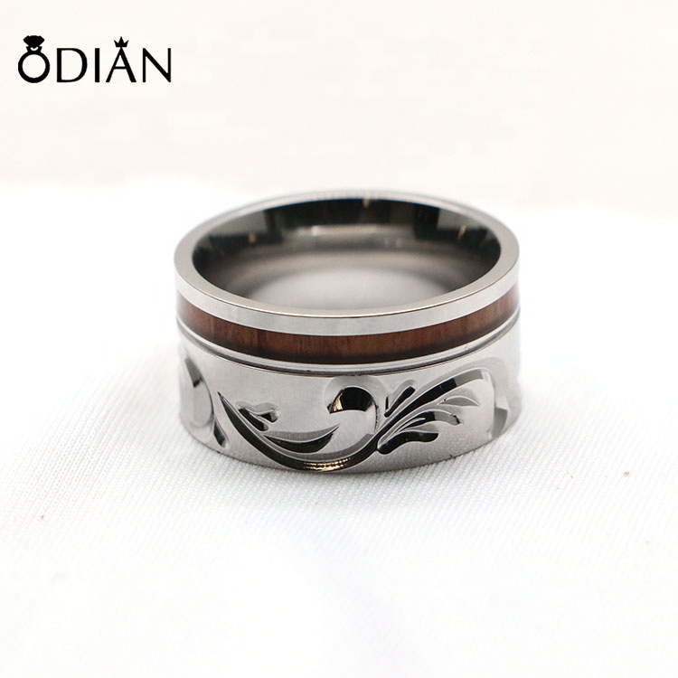 Simple design stainless steel engraved rings, wood texture stainless steel rings