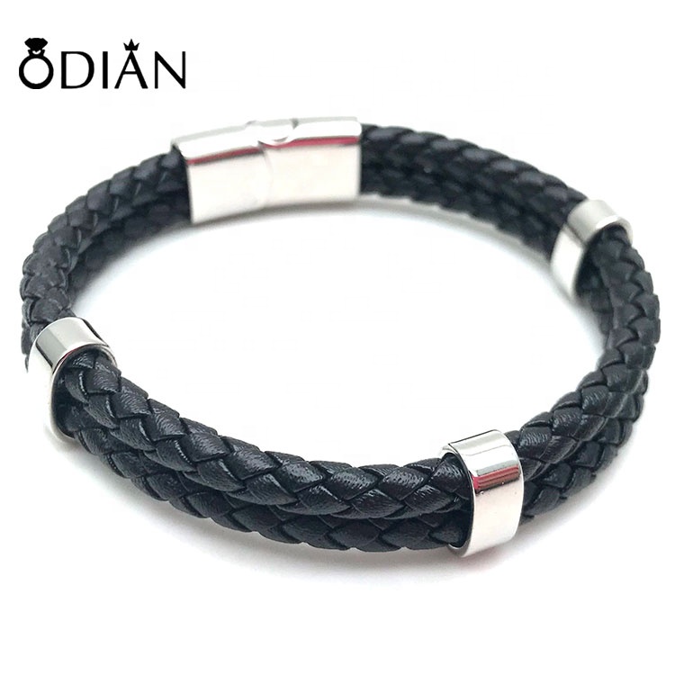 New Arrivals high-quality Men's Black Double Strand Leather Braided Bracelet