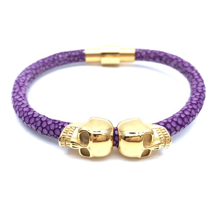 luxury brand jewelry supplier real purple stingray leather bracelet skull head bangle
