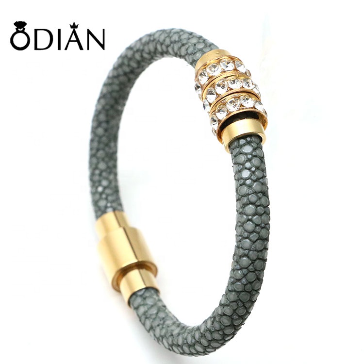 Stainless Steel Bracelet Wholesale Women Men's Jewelry Genuine Leather stingray bracelet Inlaid stone