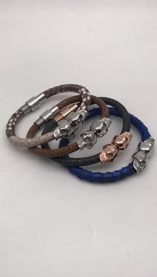 Odian Jewelry Best Sale genuine stingray and python leather twins north skull beads bracelets bangle maker bracelet man skull