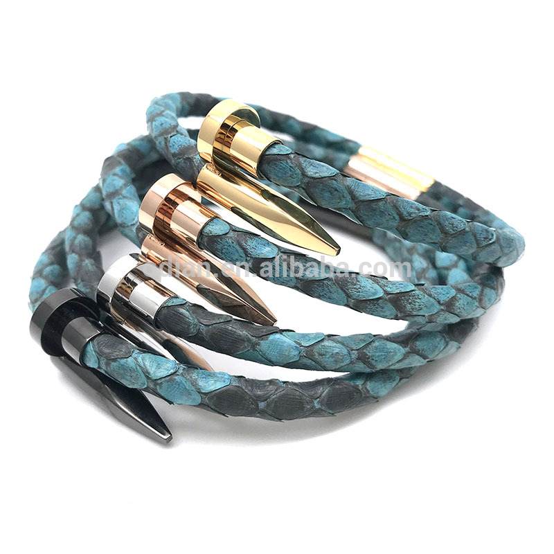 Custom Jewelry Wholesale Stainless Steel Clasps Python Leather Snake Skin Bracelet Men