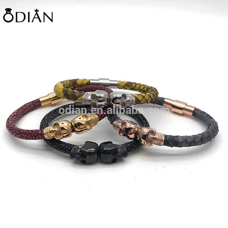 Leather Material and Brown Color Mens Skull Leather Bracelet