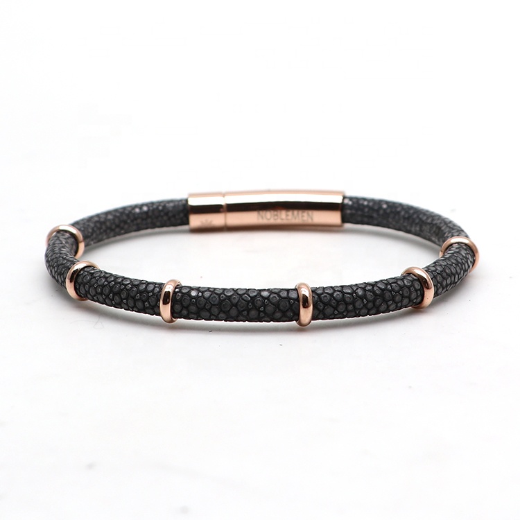 Stainless Steel Black Stingray Leather Bracelet with Magnetic Clasp,Stainless steel clasp custom LOGO