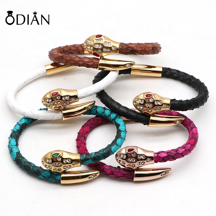 New Luxury 6mm Genuine Python Snake Skin Leather Magnetic buckle Buckle Bracelets Stainless Steel Jewelry