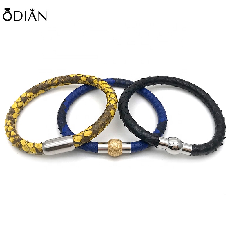 Odian Jewelry Fashion silver stainless steel infinity black python leather bracelet