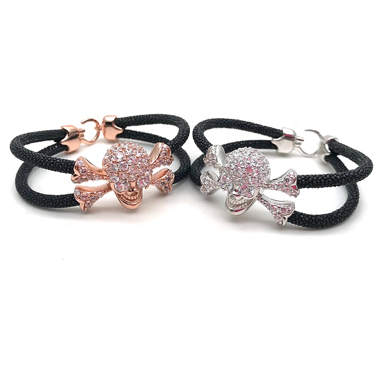 Sterling silver S925 pure silverr skull crossbones covered precious stone two hand-wrapped stingray python bracelet jewellry