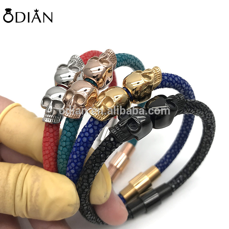 Odian Jewelry 100% genuine stingray and python leather twins north skull bracelets