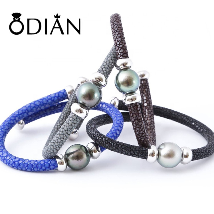 Blue/natural/black/brown pearls genuine bracelet with python and stingray skin wholesales