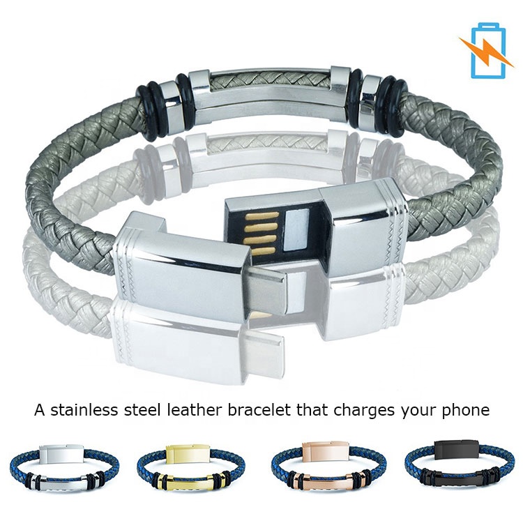 Wholesale custom leather stainless bracelet data charging cable USB cable bracelet for all mobile phone models