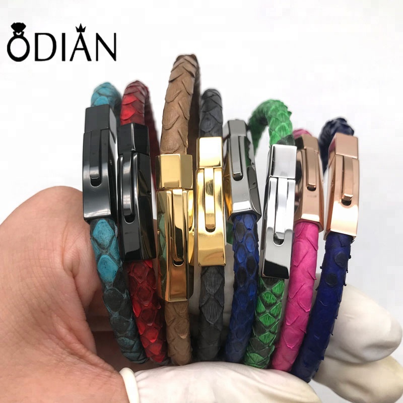Wholesale Stainless Steel Clasps stingray skin Snake leather Bracelet Men colorful 6mm