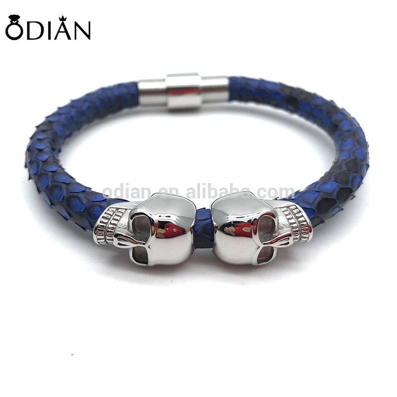 Leather Material and Brown Color Mens Skull Leather Bracelet