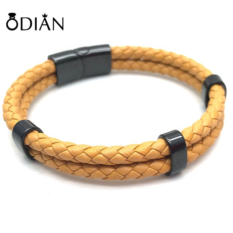 High Quality Fashion Stainless Steel Jewelry Men Genuine Brown Leather Bracelet