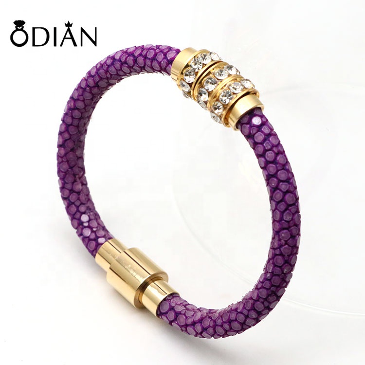 Wholesale Women Mens Jewelry purple Genuine Stingray Leather stainless steel Bracelet