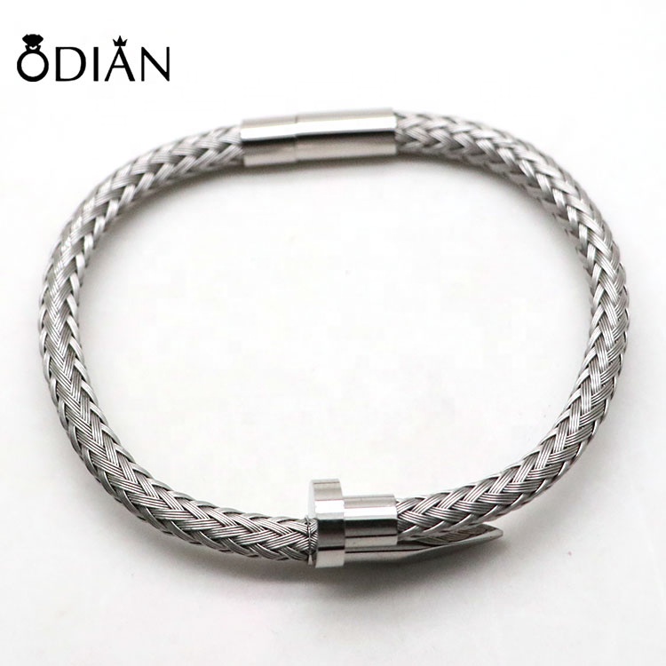 Hot Sale Custom Logo Personalise Stainless Steel Cuff Magnetic Clasp Leather Bracelets For Men
